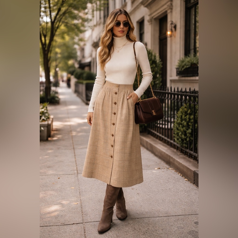 Vintage 70’s Evan Picone Neutral Plaid Button-Front Midi Skirt